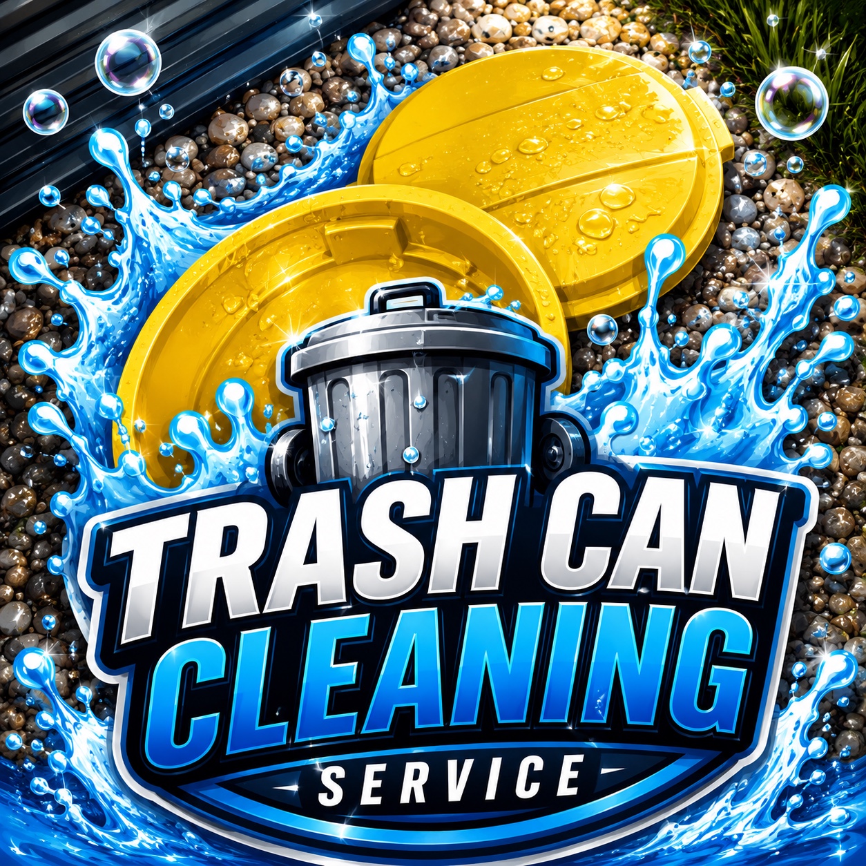 Trash can cleaning service graphic with water splash and clean yellow bin lids